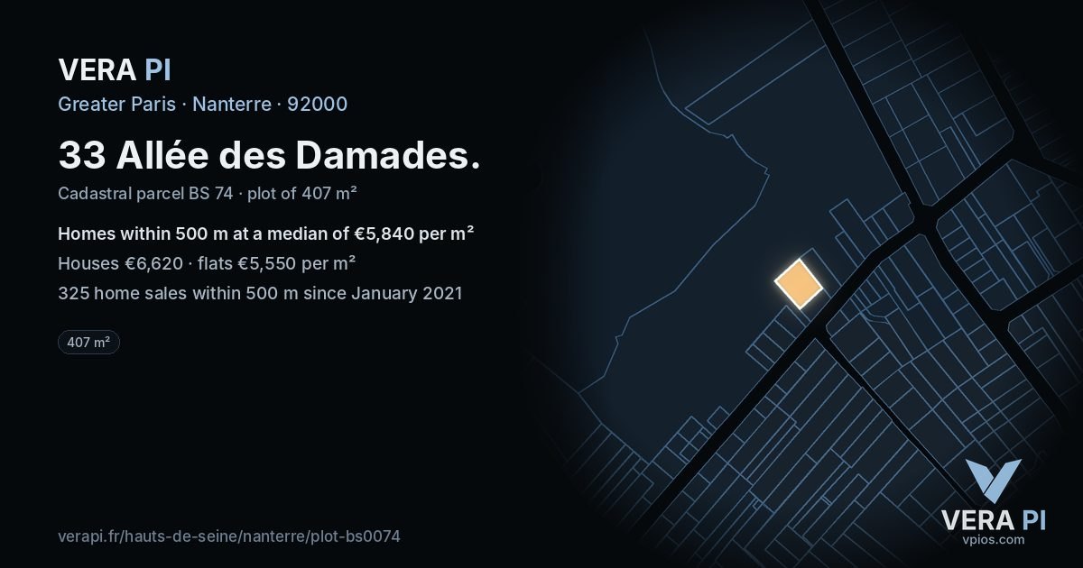 33 Allée des Damades, Nanterre at night – the plot lit, the parcels around coloured by the prices near them
