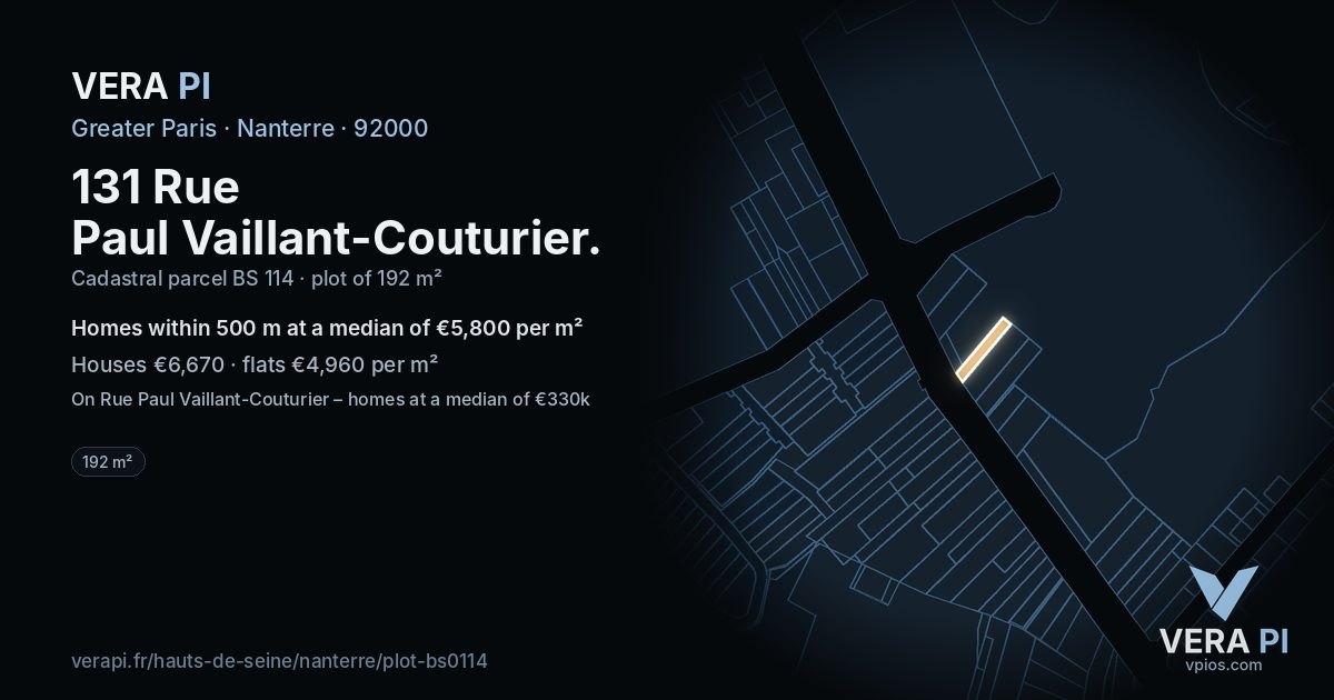 131 Rue Paul Vaillant-Couturier, Nanterre at night – the plot lit, the parcels around coloured by the prices near them