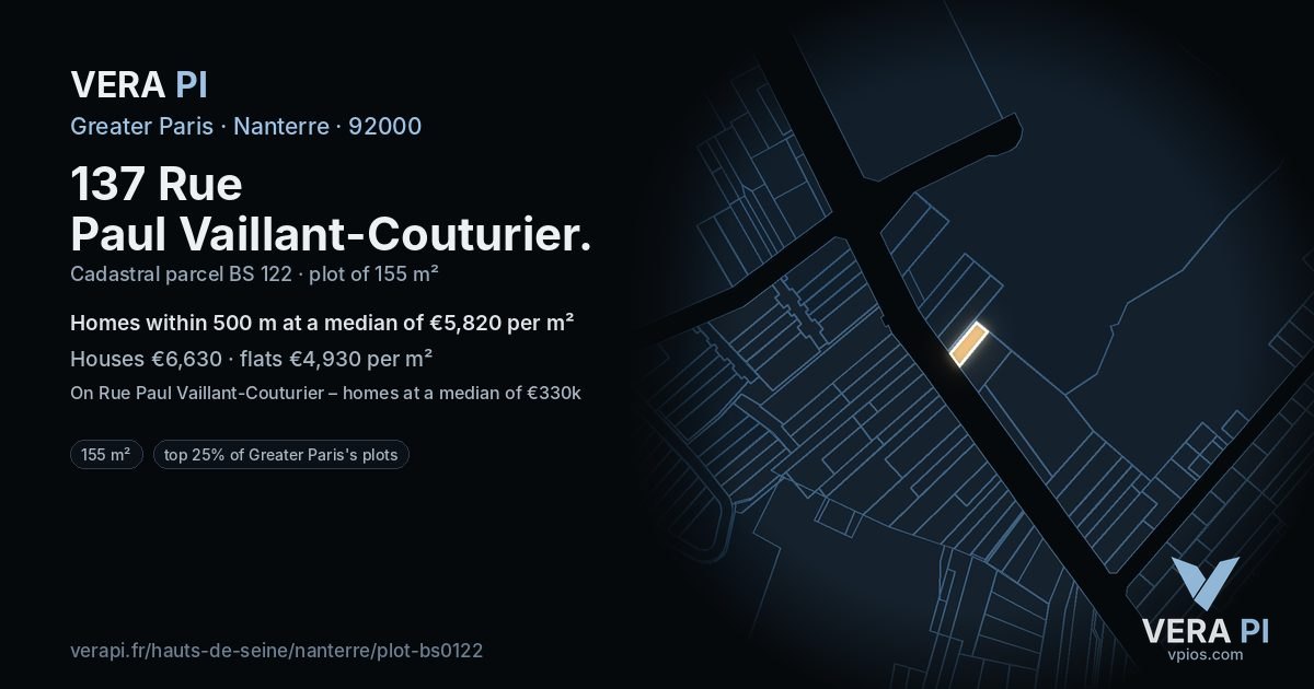 137 Rue Paul Vaillant-Couturier, Nanterre at night – the plot lit, the parcels around coloured by the prices near them