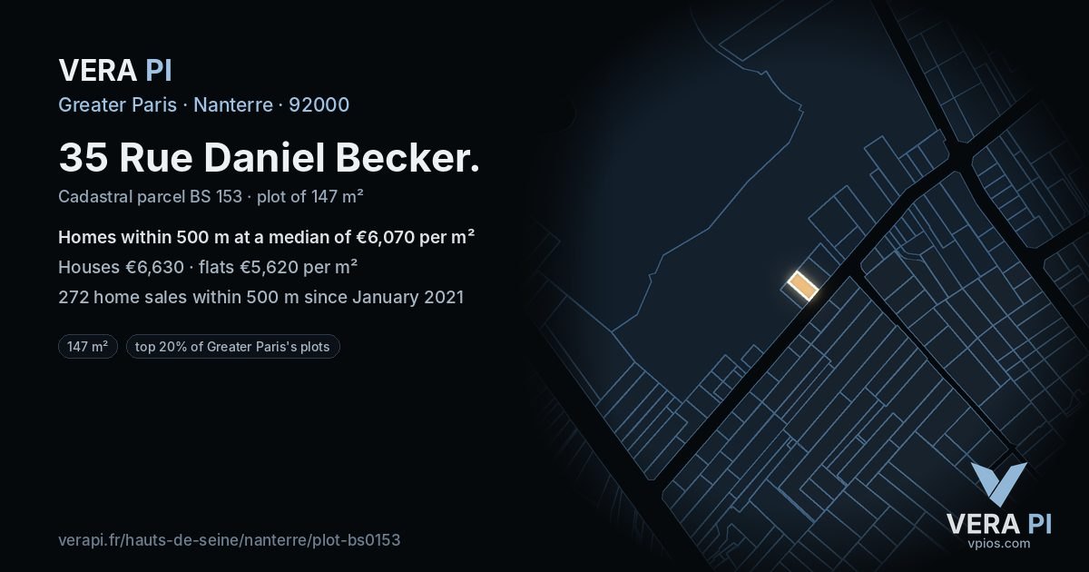 35 Rue Daniel Becker, Nanterre at night – the plot lit, the parcels around coloured by the prices near them