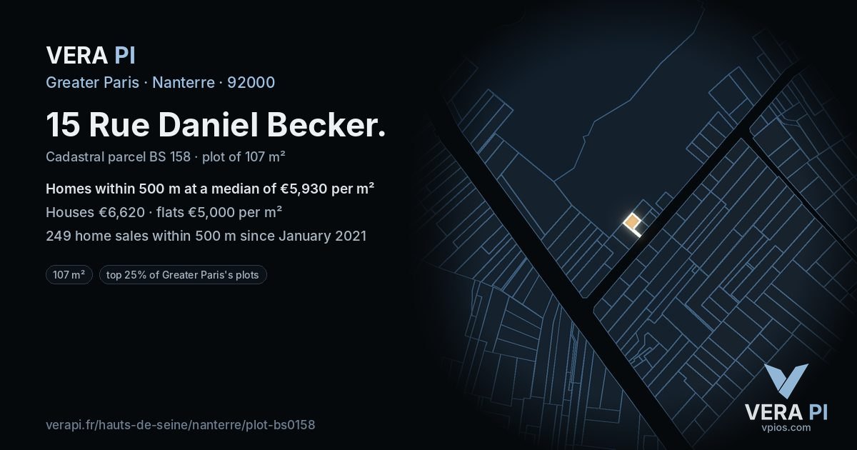 15 Rue Daniel Becker, Nanterre at night – the plot lit, the parcels around coloured by the prices near them