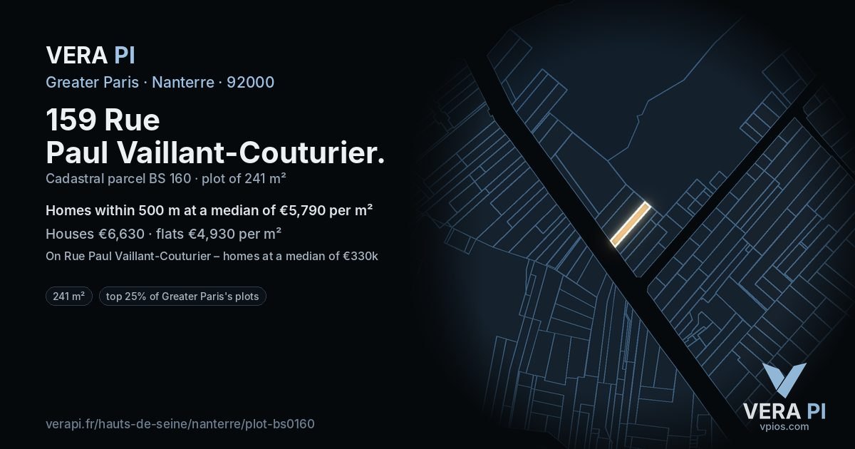 159 Rue Paul Vaillant-Couturier, Nanterre at night – the plot lit, the parcels around coloured by the prices near them