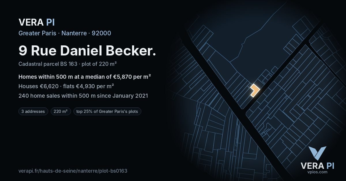 9 Rue Daniel Becker, Nanterre at night – the plot lit, the parcels around coloured by the prices near them