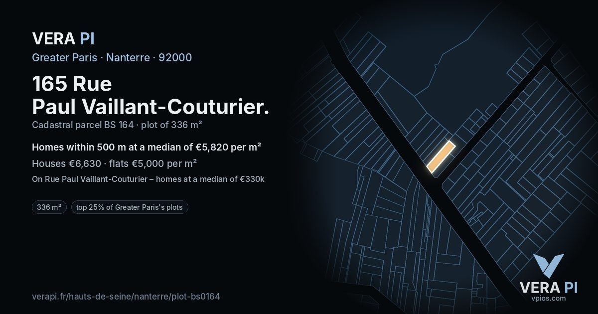 165 Rue Paul Vaillant-Couturier, Nanterre at night – the plot lit, the parcels around coloured by the prices near them