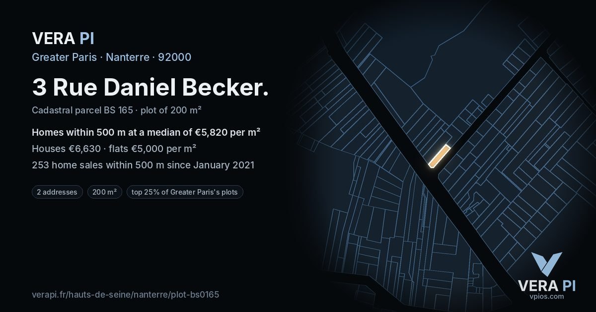 3 Rue Daniel Becker, Nanterre at night – the plot lit, the parcels around coloured by the prices near them