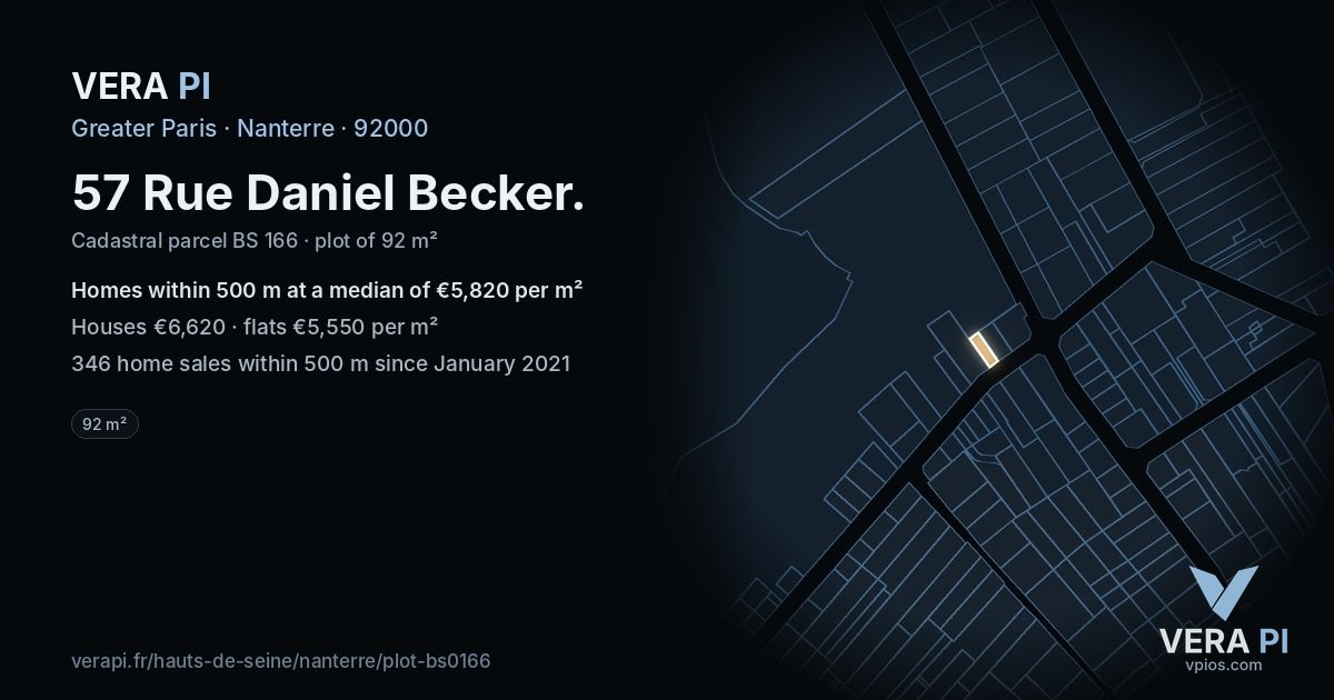 57 Rue Daniel Becker, Nanterre at night – the plot lit, the parcels around coloured by the prices near them