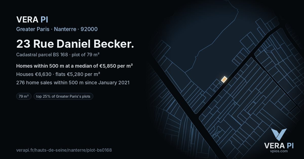 23 Rue Daniel Becker, Nanterre at night – the plot lit, the parcels around coloured by the prices near them