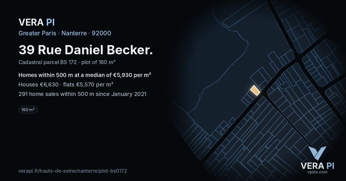 39 Rue Daniel Becker, Nanterre at night – the plot lit, the parcels around coloured by the prices near them
