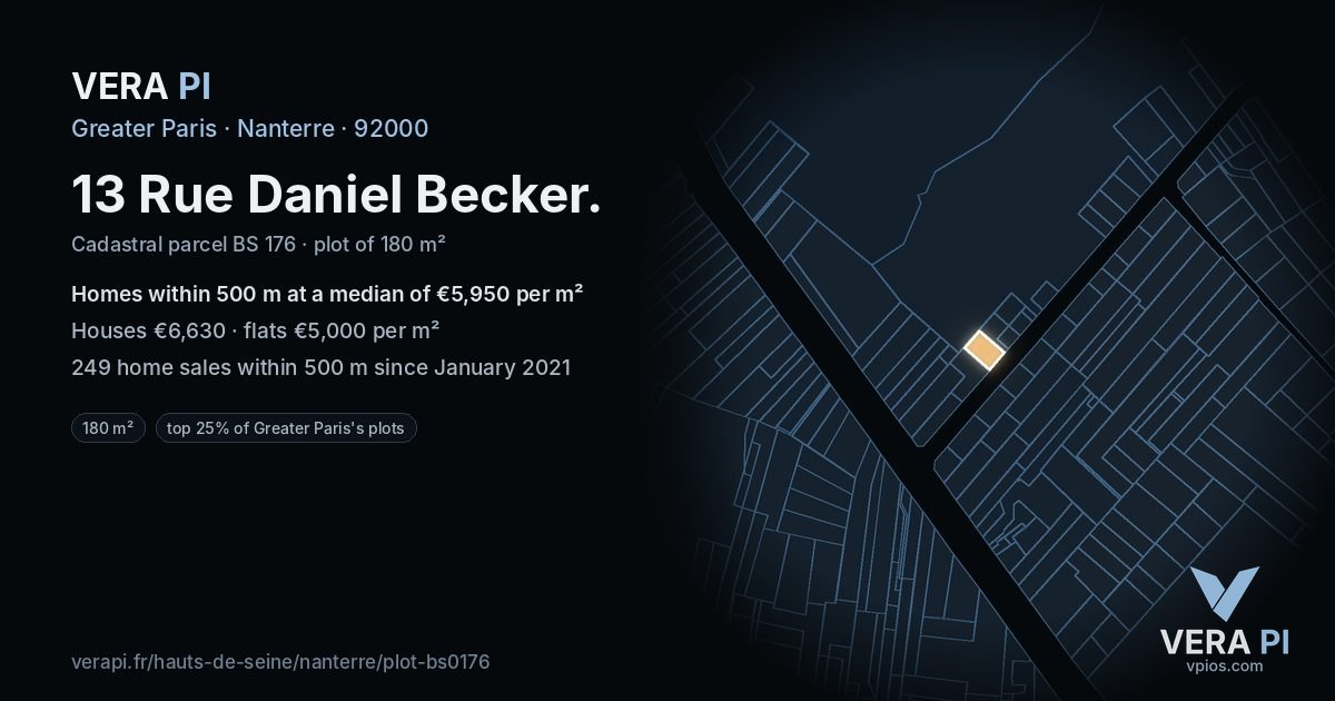13 Rue Daniel Becker, Nanterre at night – the plot lit, the parcels around coloured by the prices near them