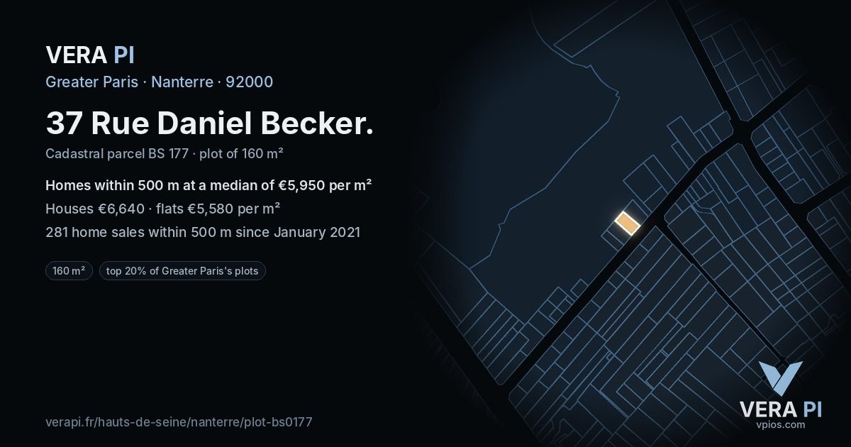 37 Rue Daniel Becker, Nanterre at night – the plot lit, the parcels around coloured by the prices near them