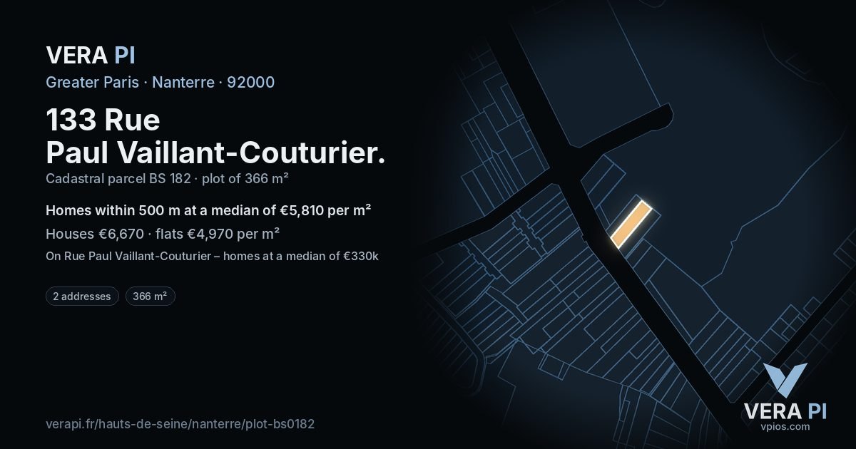 133 Rue Paul Vaillant-Couturier, Nanterre at night – the plot lit, the parcels around coloured by the prices near them