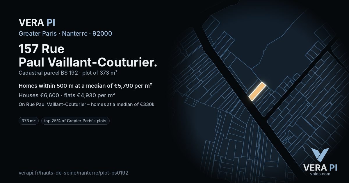 157 Rue Paul Vaillant-Couturier, Nanterre at night – the plot lit, the parcels around coloured by the prices near them