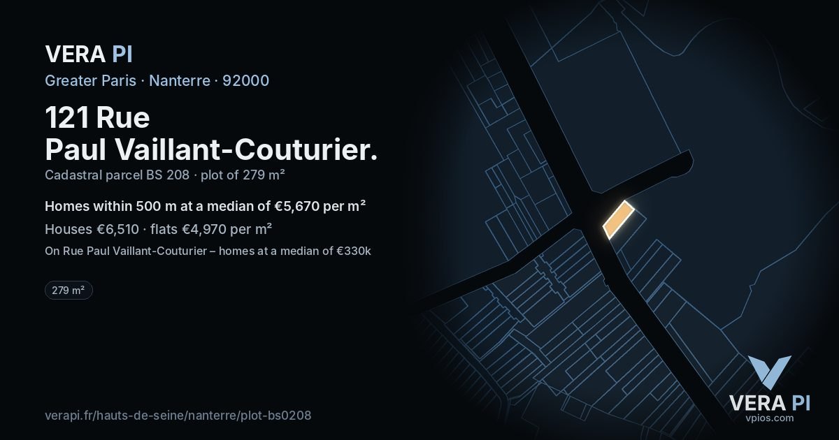121 Rue Paul Vaillant-Couturier, Nanterre at night – the plot lit, the parcels around coloured by the prices near them