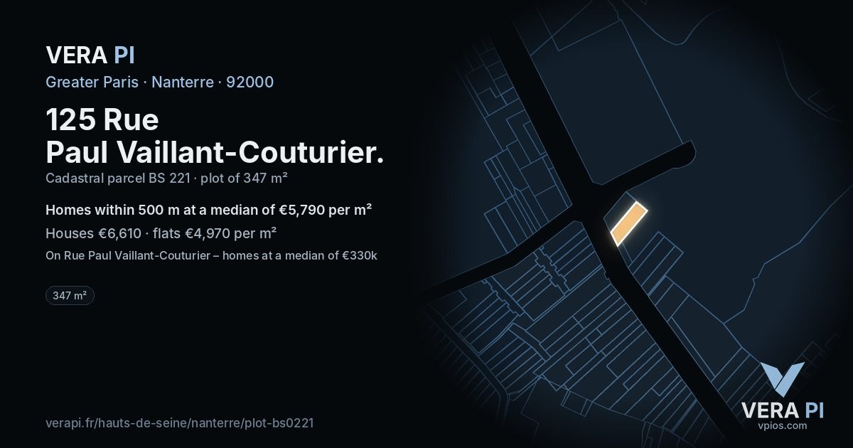 125 Rue Paul Vaillant-Couturier, Nanterre at night – the plot lit, the parcels around coloured by the prices near them