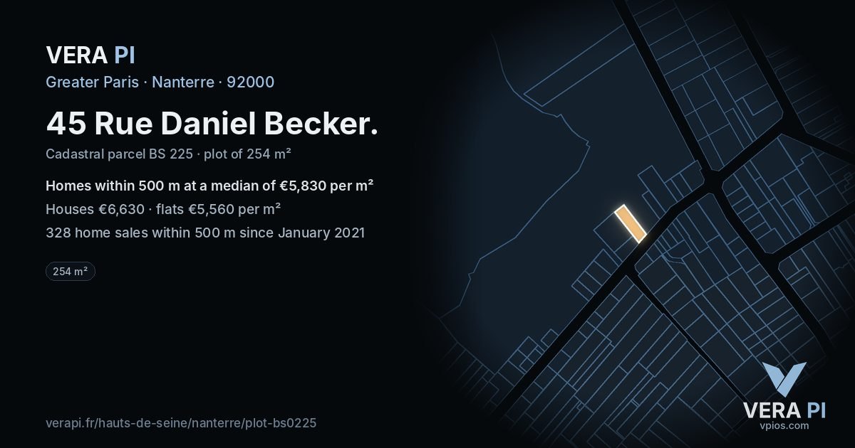 45 Rue Daniel Becker, Nanterre at night – the plot lit, the parcels around coloured by the prices near them