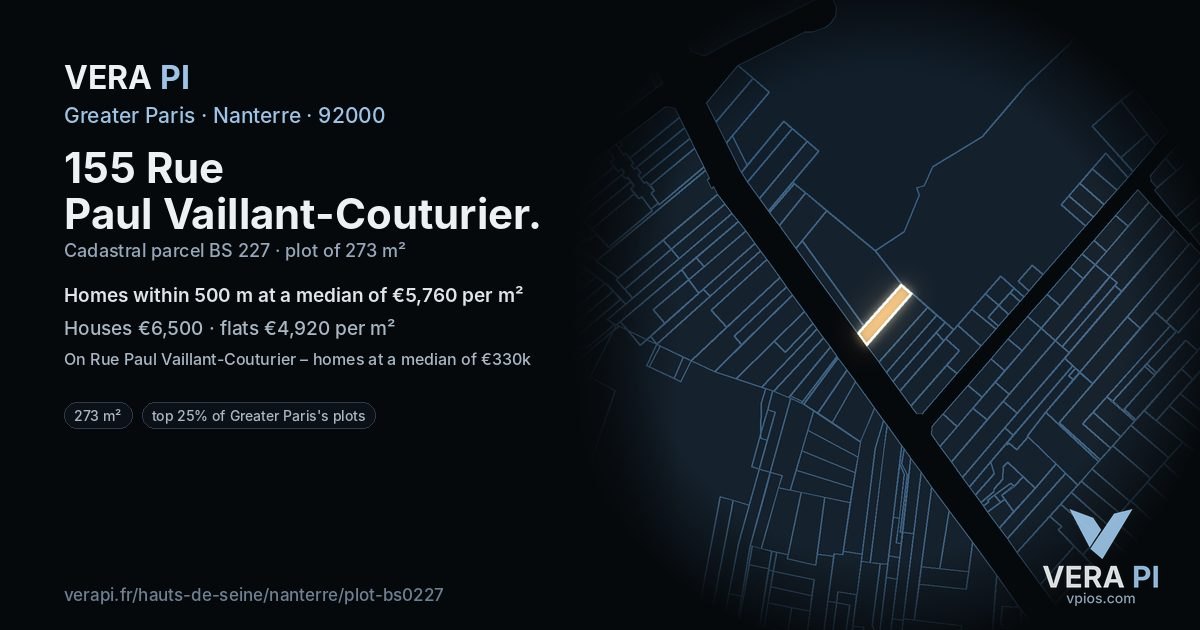 155 Rue Paul Vaillant-Couturier, Nanterre at night – the plot lit, the parcels around coloured by the prices near them
