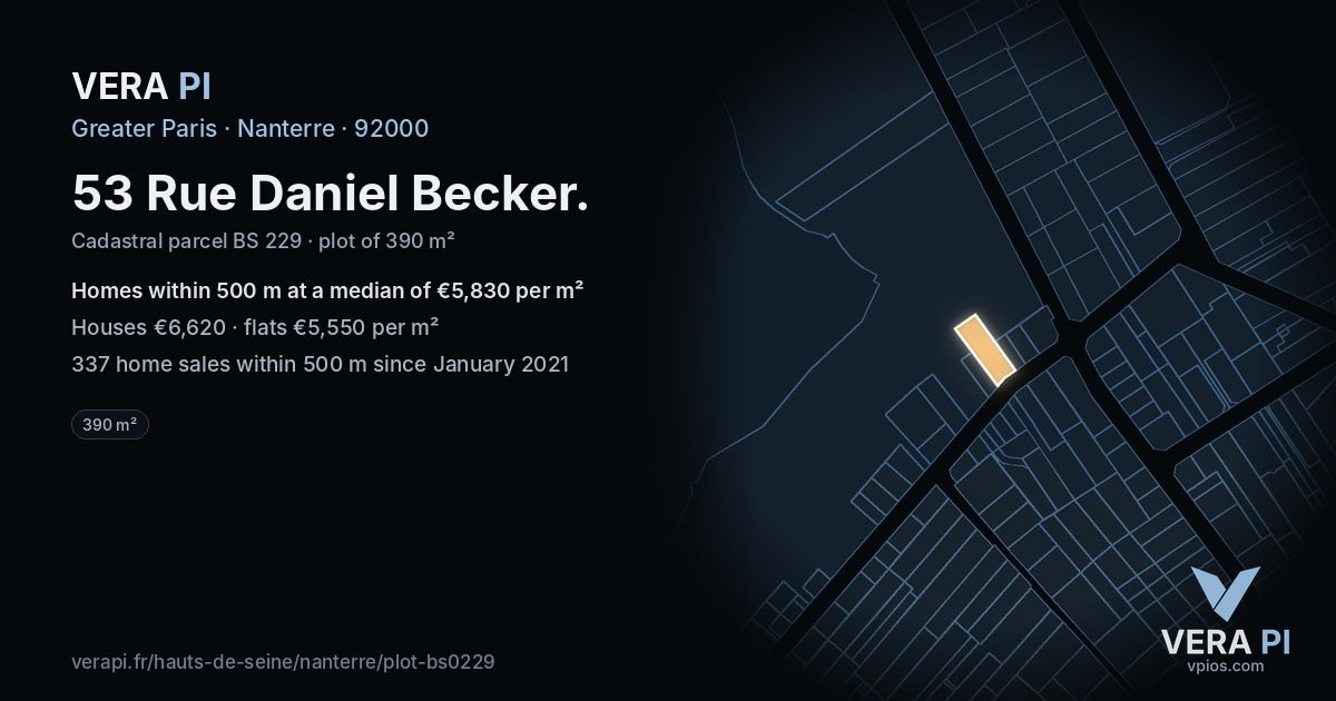 53 Rue Daniel Becker, Nanterre at night – the plot lit, the parcels around coloured by the prices near them