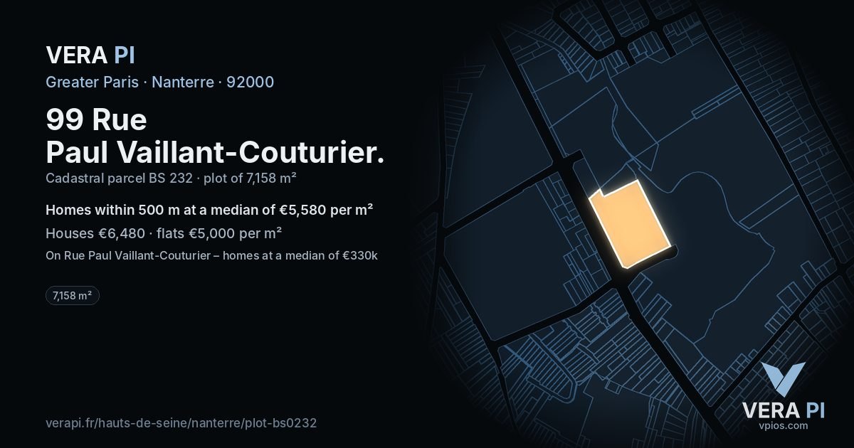 99 Rue Paul Vaillant-Couturier, Nanterre at night – the plot lit, the parcels around coloured by the prices near them
