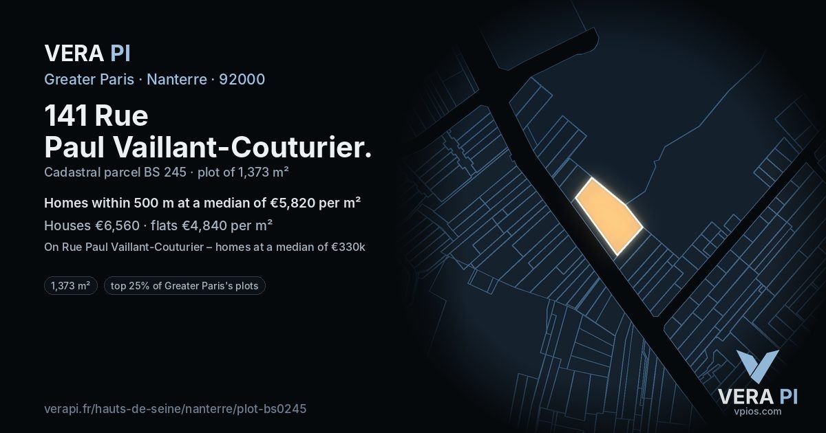 141 Rue Paul Vaillant-Couturier, Nanterre at night – the plot lit, the parcels around coloured by the prices near them