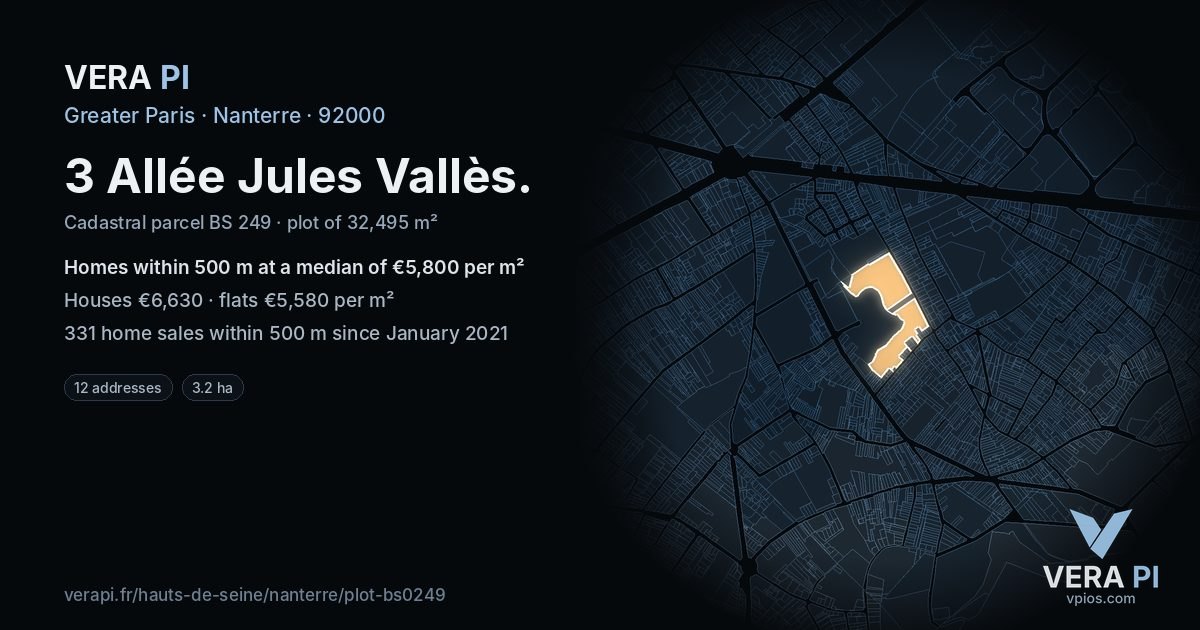 3 Allée Jules Vallès, Nanterre at night – the plot lit, the parcels around coloured by the prices near them