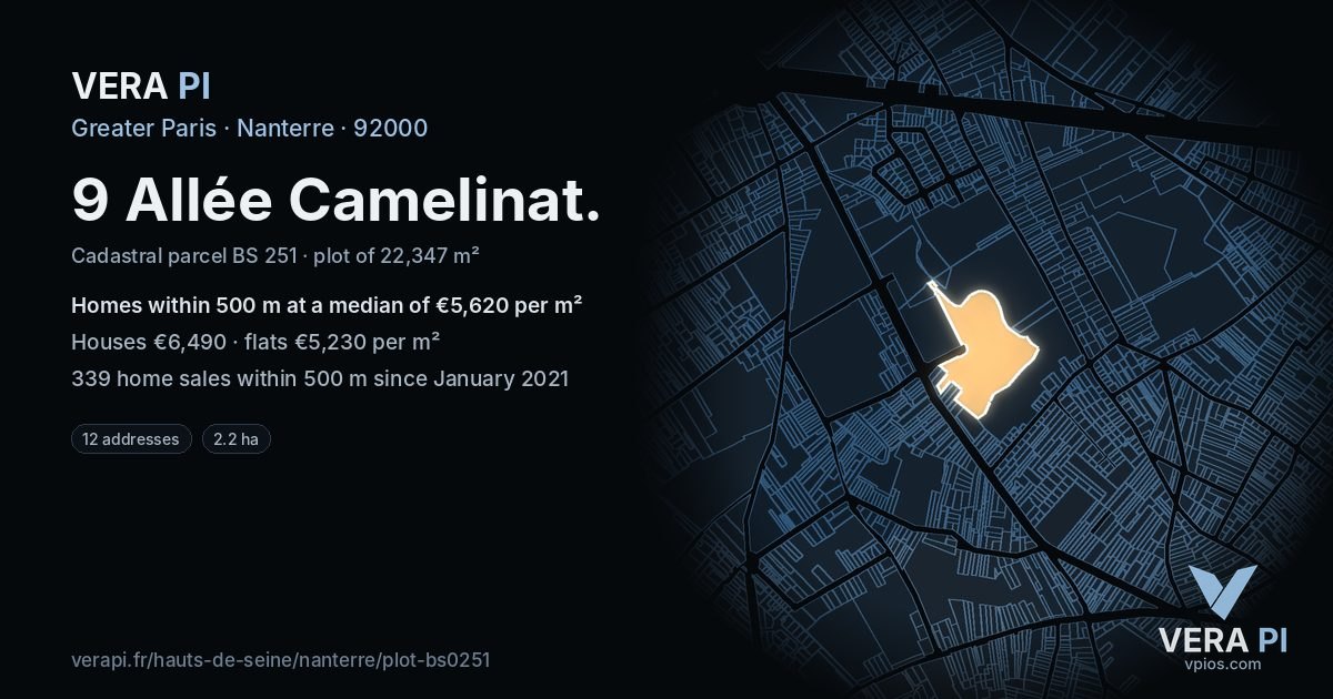 9 Allée Camelinat, Nanterre at night – the plot lit, the parcels around coloured by the prices near them