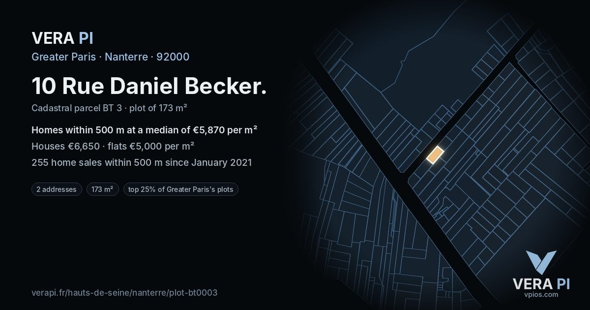10 Rue Daniel Becker, Nanterre at night – the plot lit, the parcels around coloured by the prices near them