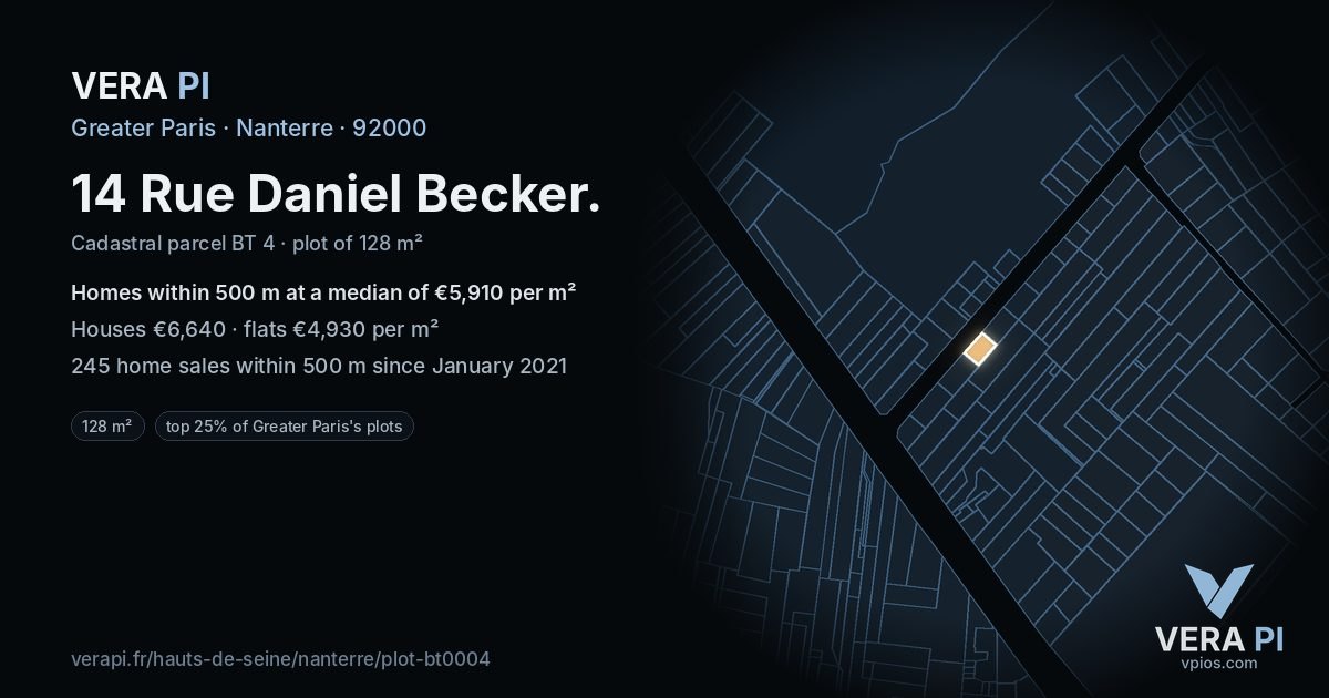 14 Rue Daniel Becker, Nanterre at night – the plot lit, the parcels around coloured by the prices near them