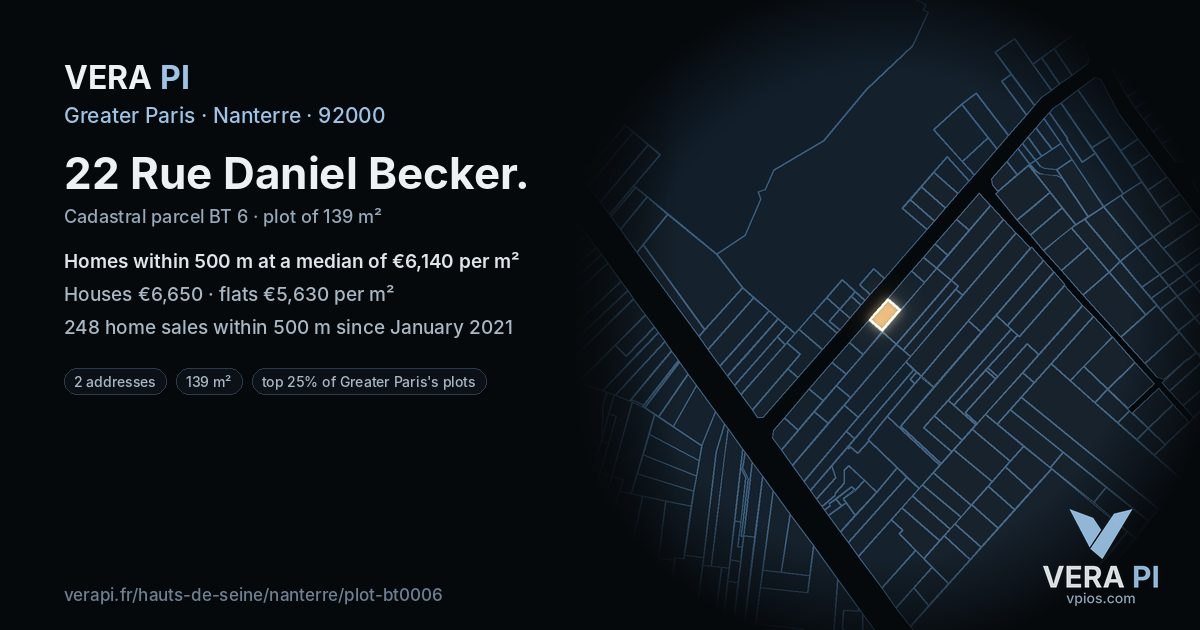 22 Rue Daniel Becker, Nanterre at night – the plot lit, the parcels around coloured by the prices near them