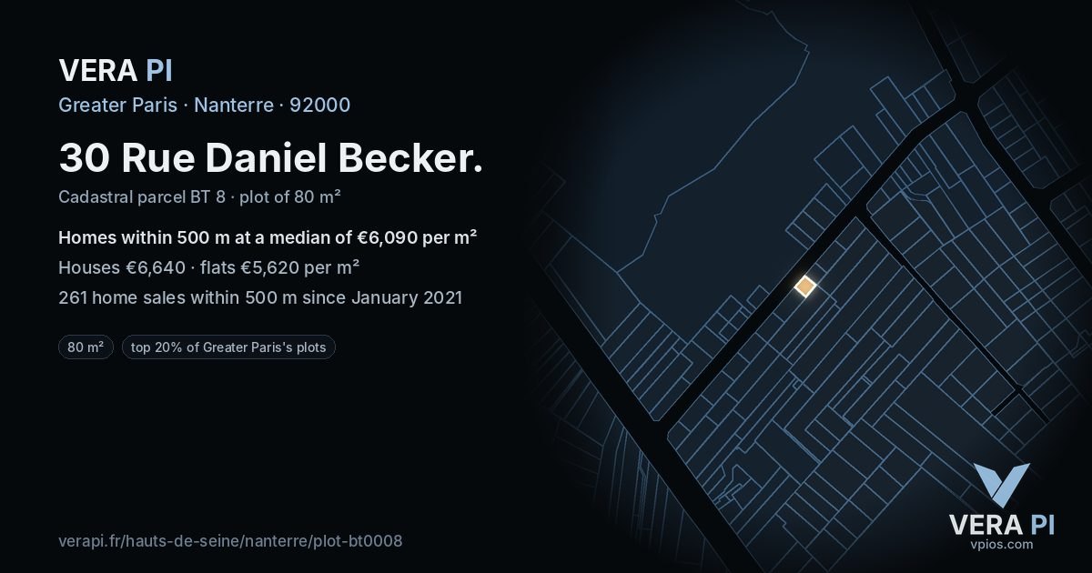 30 Rue Daniel Becker, Nanterre at night – the plot lit, the parcels around coloured by the prices near them