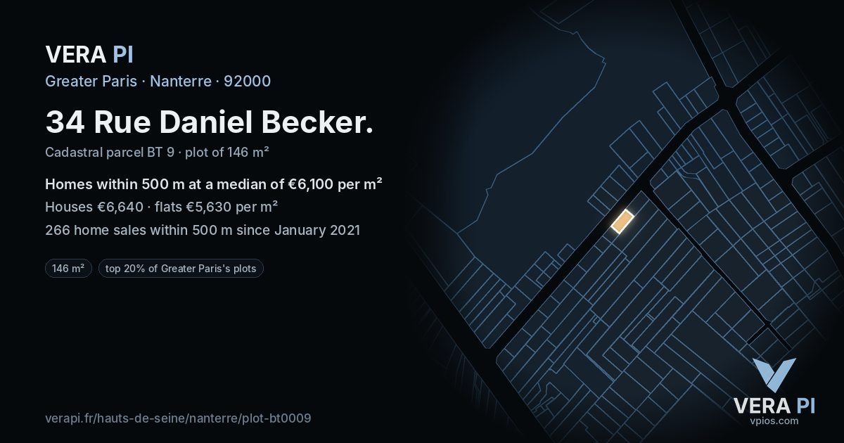 34 Rue Daniel Becker, Nanterre at night – the plot lit, the parcels around coloured by the prices near them