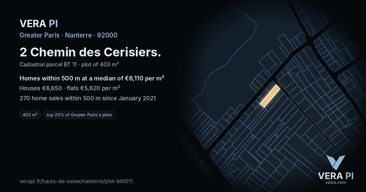 2 Chemin des Cerisiers, Nanterre at night – the plot lit, the parcels around coloured by the prices near them