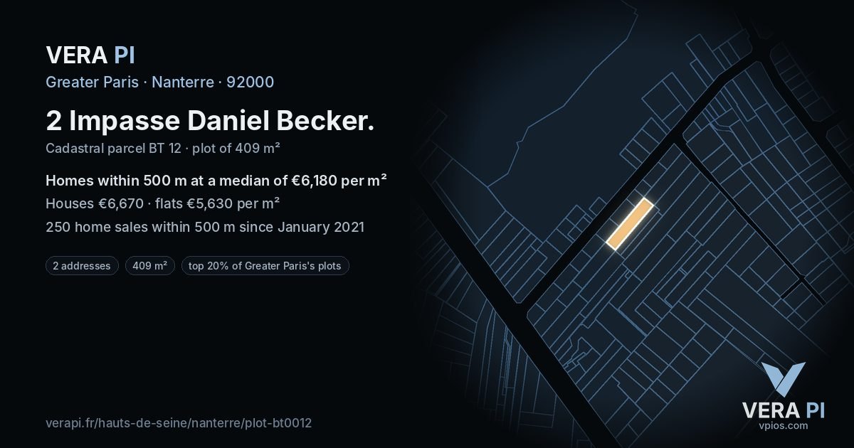 2 Impasse Daniel Becker, Nanterre at night – the plot lit, the parcels around coloured by the prices near them