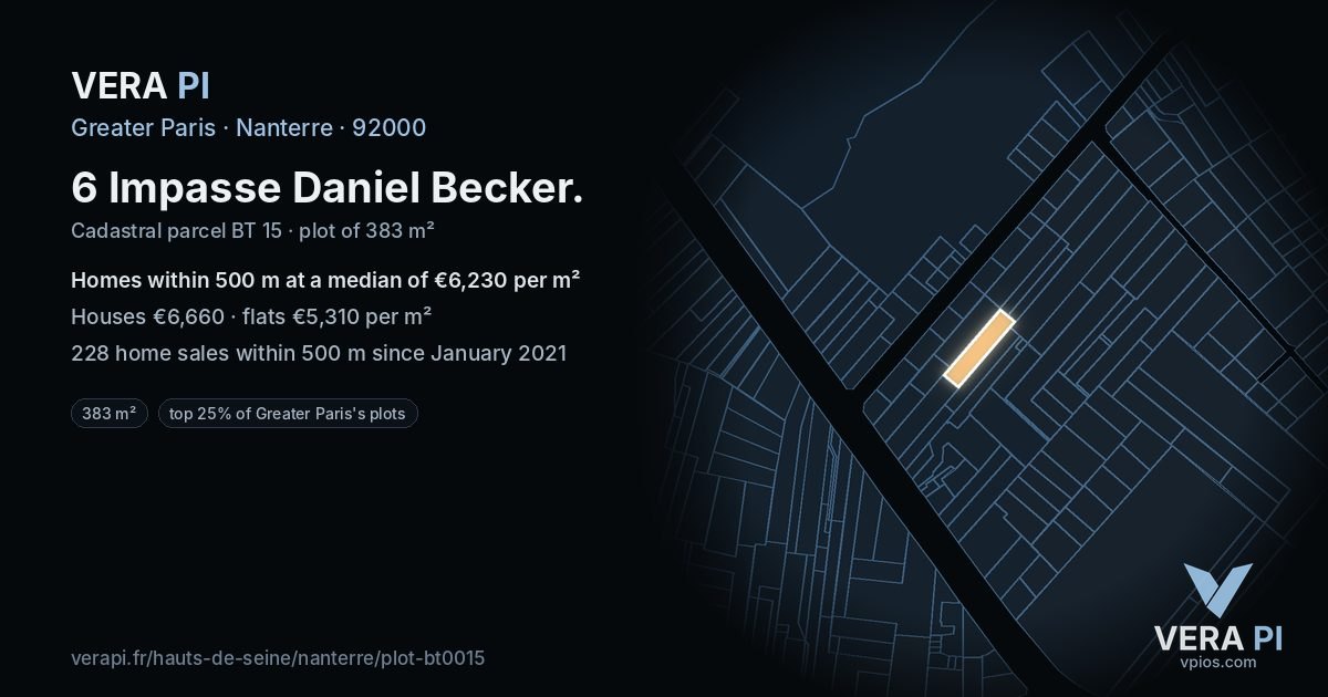 6 Impasse Daniel Becker, Nanterre at night – the plot lit, the parcels around coloured by the prices near them