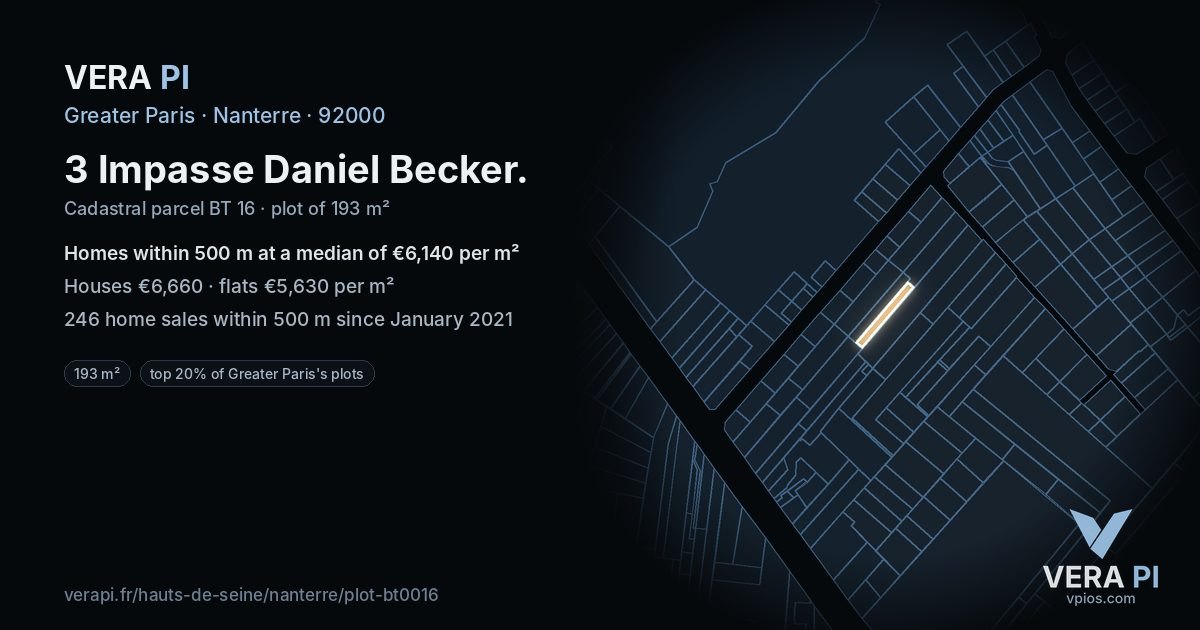 3 Impasse Daniel Becker, Nanterre at night – the plot lit, the parcels around coloured by the prices near them