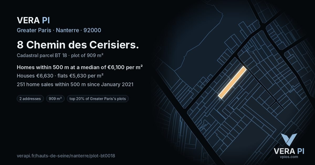 8 Chemin des Cerisiers, Nanterre at night – the plot lit, the parcels around coloured by the prices near them