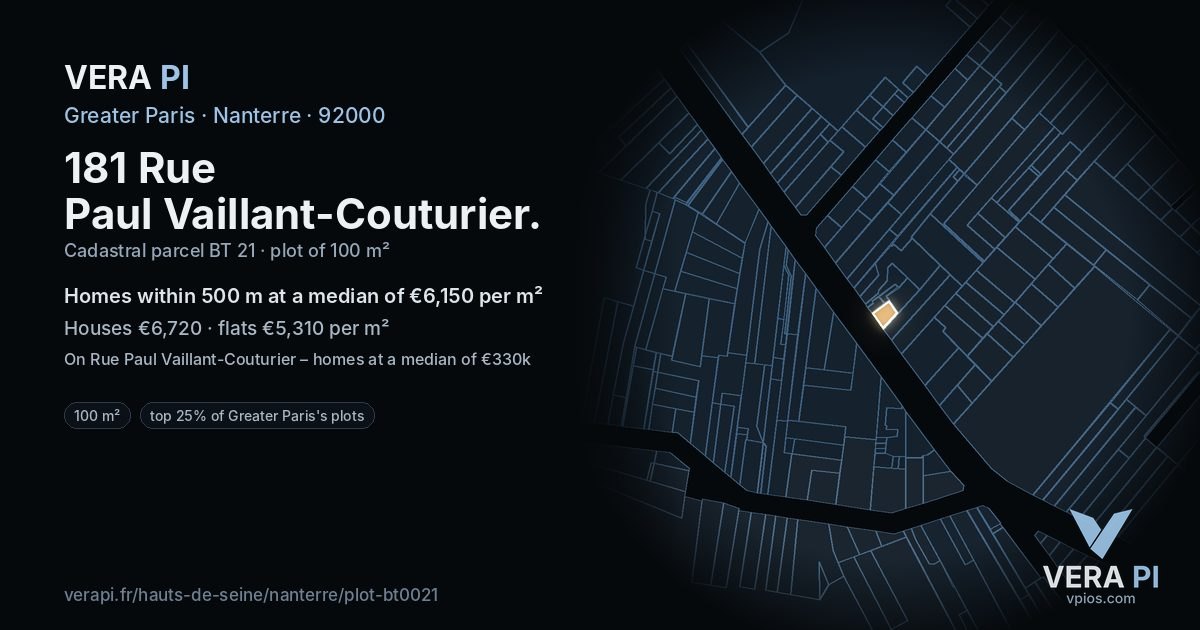 181 Rue Paul Vaillant-Couturier, Nanterre at night – the plot lit, the parcels around coloured by the prices near them