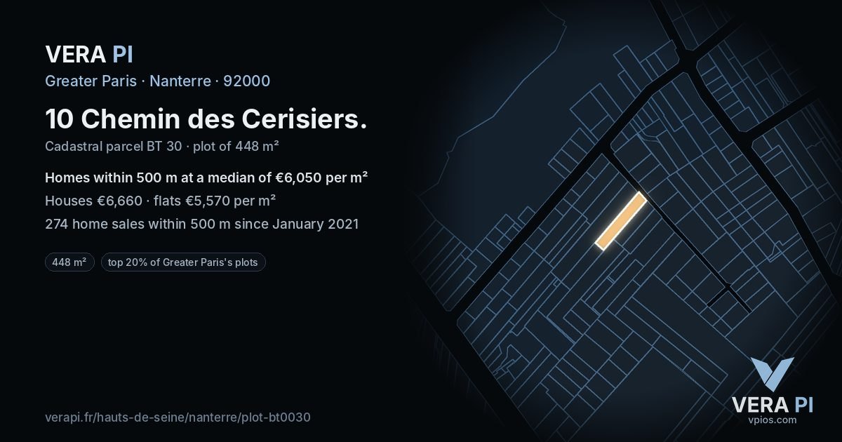 10 Chemin des Cerisiers, Nanterre at night – the plot lit, the parcels around coloured by the prices near them