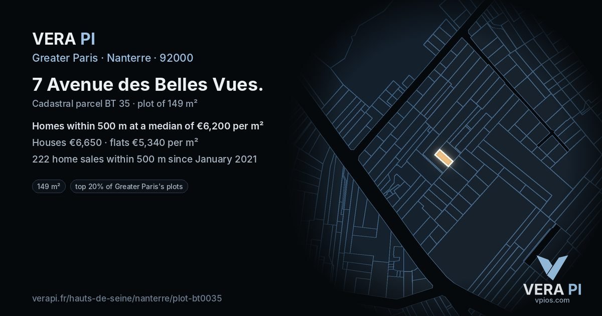 7 Avenue des Belles Vues, Nanterre at night – the plot lit, the parcels around coloured by the prices near them