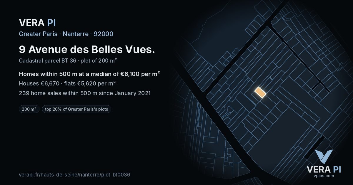 9 Avenue des Belles Vues, Nanterre at night – the plot lit, the parcels around coloured by the prices near them