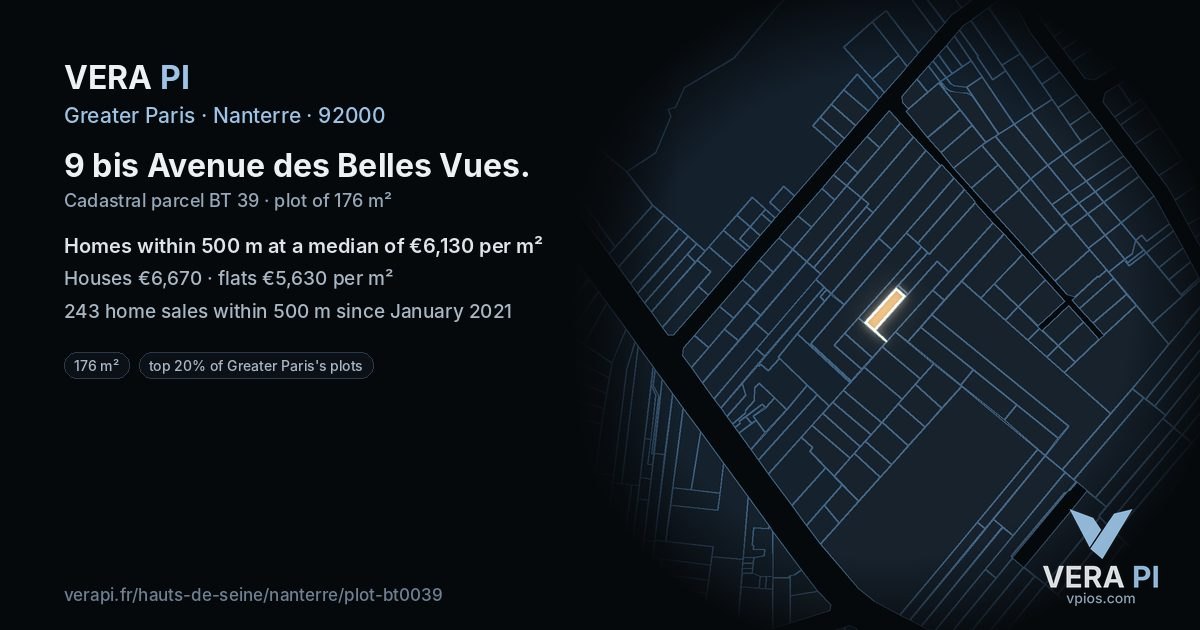 9 bis Avenue des Belles Vues, Nanterre at night – the plot lit, the parcels around coloured by the prices near them