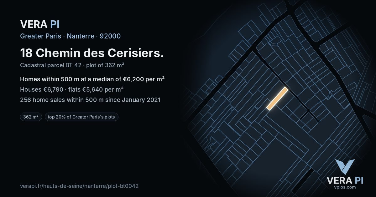 18 Chemin des Cerisiers, Nanterre at night – the plot lit, the parcels around coloured by the prices near them