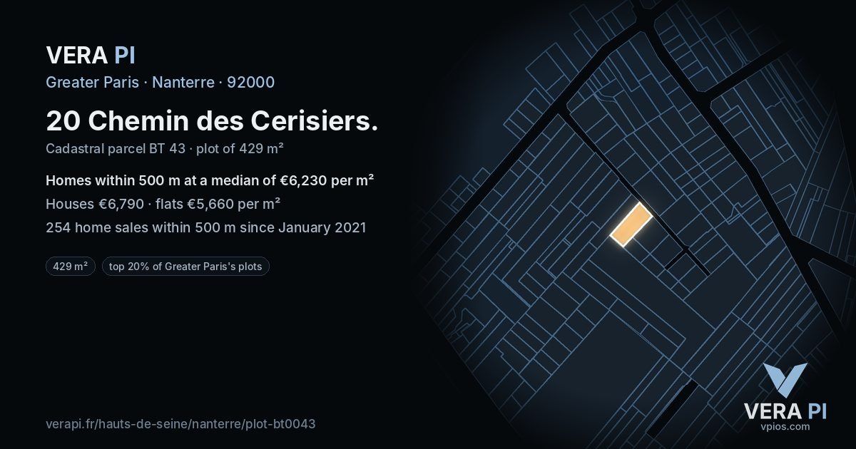 20 Chemin des Cerisiers, Nanterre at night – the plot lit, the parcels around coloured by the prices near them