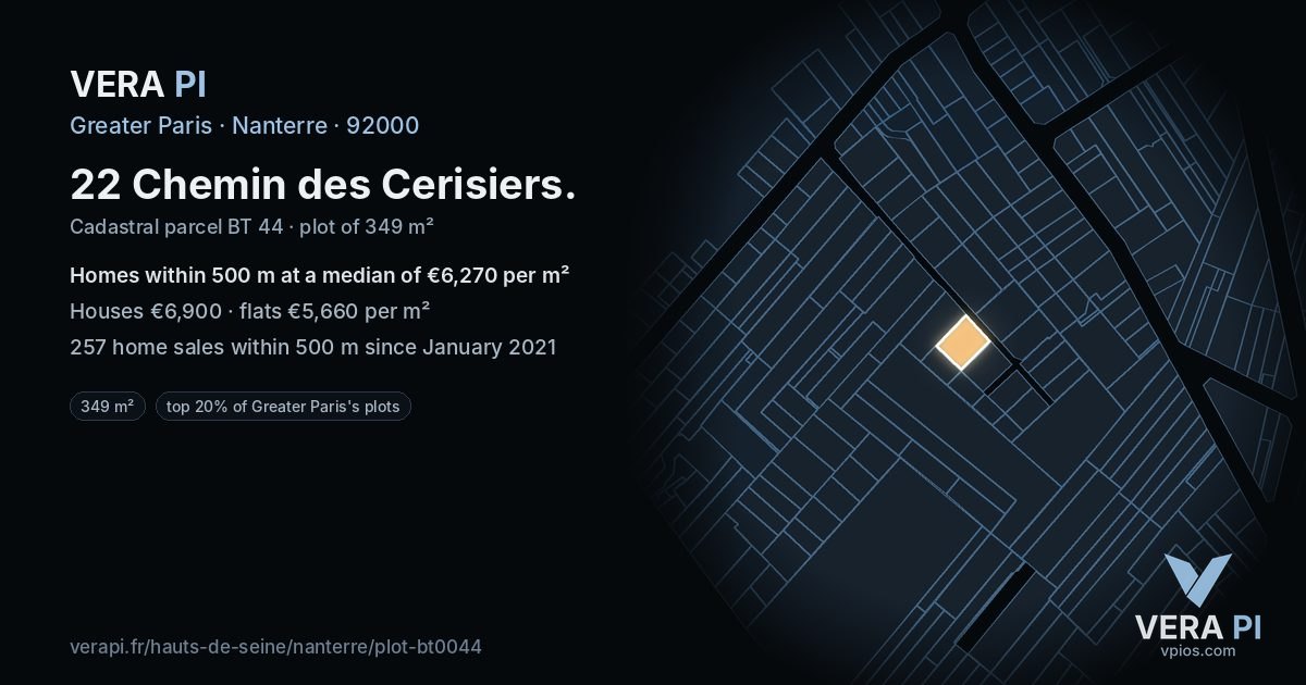 22 Chemin des Cerisiers, Nanterre at night – the plot lit, the parcels around coloured by the prices near them