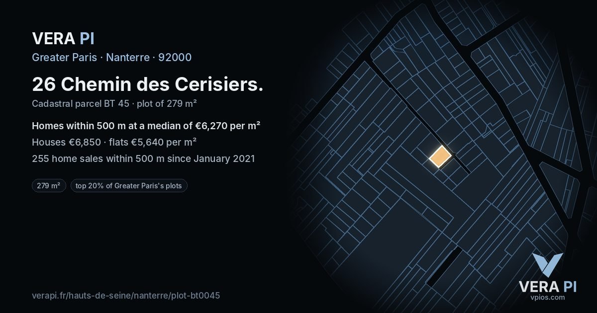 26 Chemin des Cerisiers, Nanterre at night – the plot lit, the parcels around coloured by the prices near them