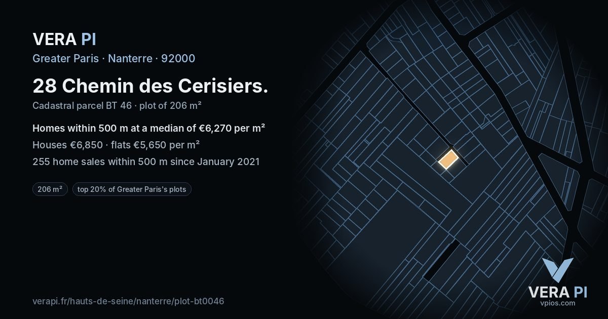 28 Chemin des Cerisiers, Nanterre at night – the plot lit, the parcels around coloured by the prices near them