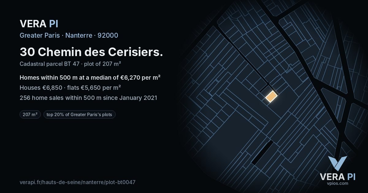 30 Chemin des Cerisiers, Nanterre at night – the plot lit, the parcels around coloured by the prices near them