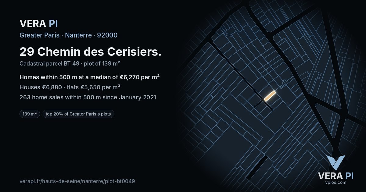 29 Chemin des Cerisiers, Nanterre at night – the plot lit, the parcels around coloured by the prices near them