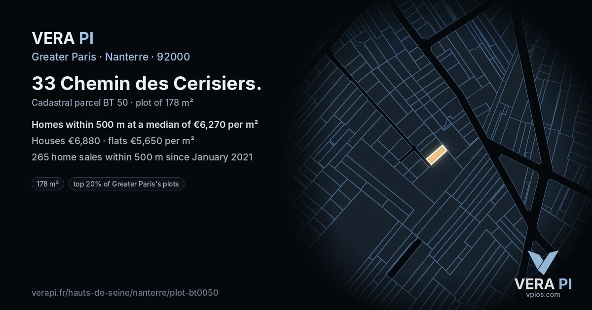 33 Chemin des Cerisiers, Nanterre at night – the plot lit, the parcels around coloured by the prices near them