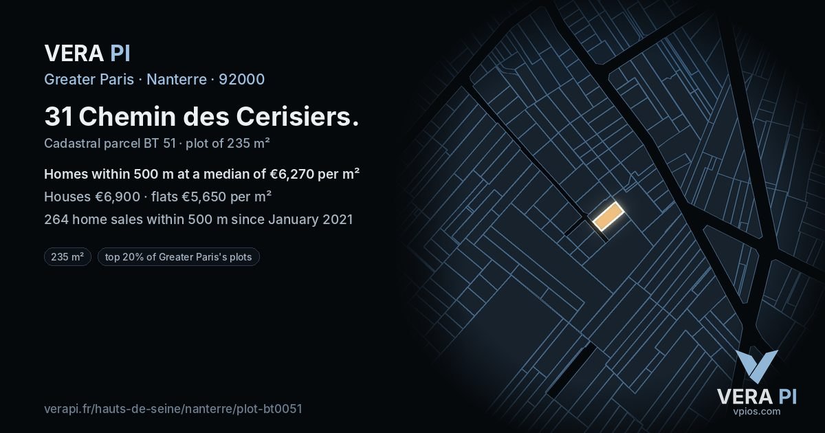 31 Chemin des Cerisiers, Nanterre at night – the plot lit, the parcels around coloured by the prices near them