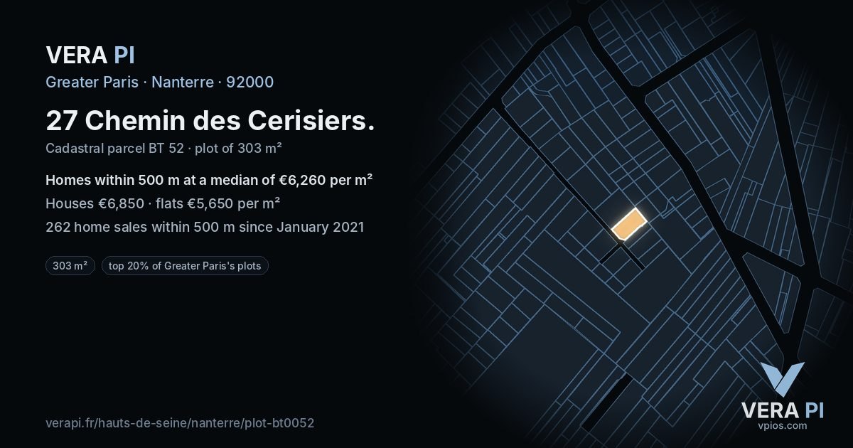 27 Chemin des Cerisiers, Nanterre at night – the plot lit, the parcels around coloured by the prices near them